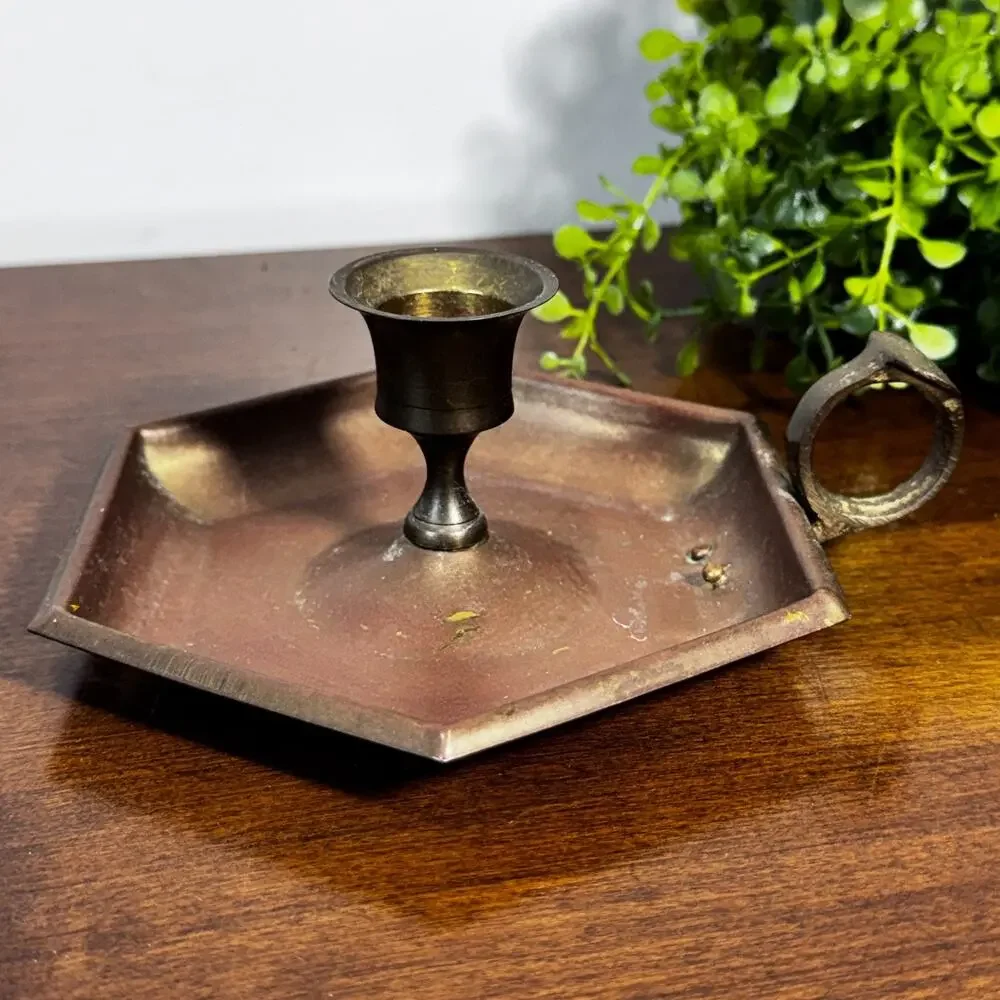 Vintage Brass Chamberstick Candle Holder 6-Sided Hexagonal India Y5